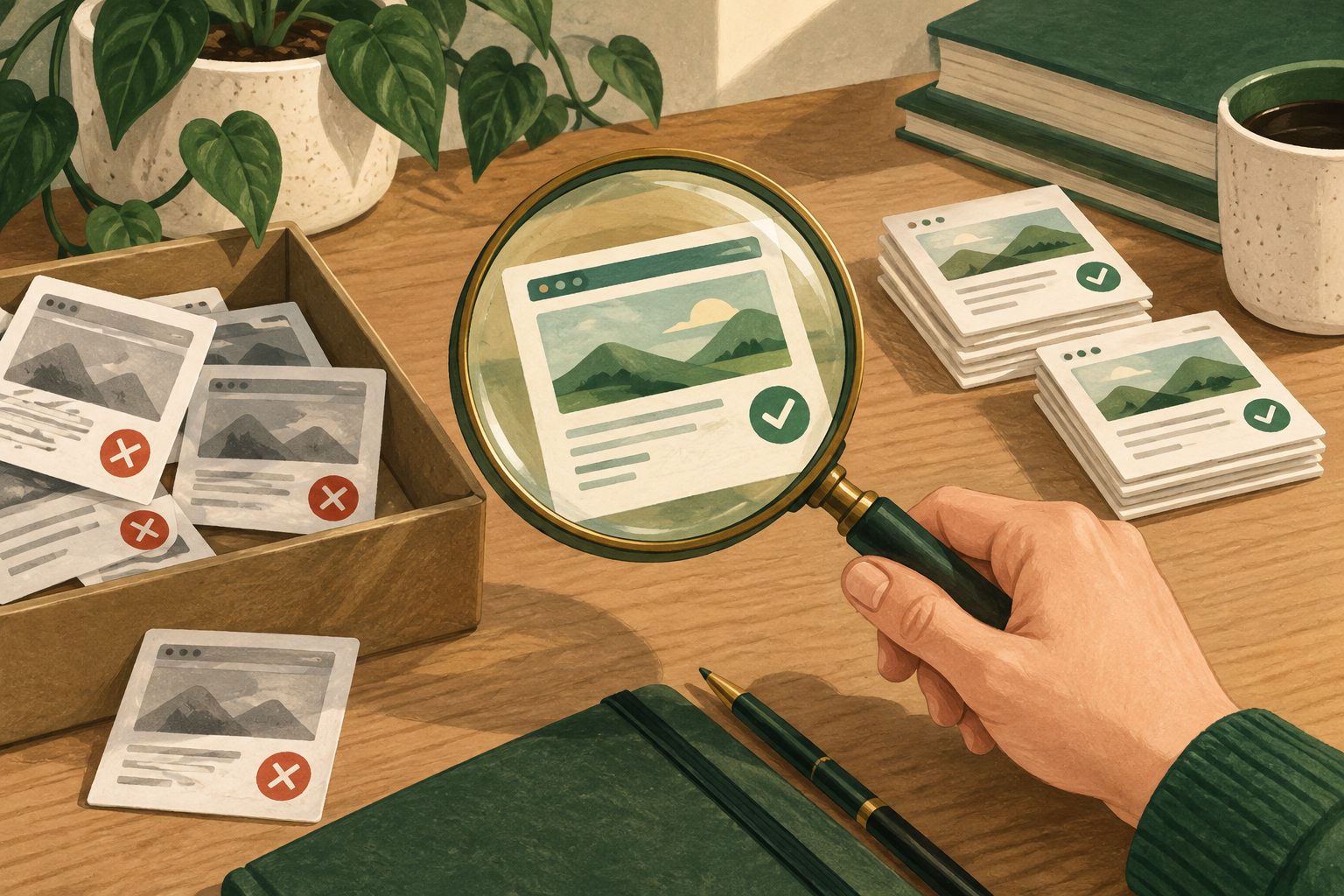 Guide illustration: magnifying glass over tool cards